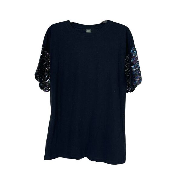 Black Iridescent Sequin Short Sleeve Top Drop Shoulder Womens Size S Wild Fable - Picture 1 of 8